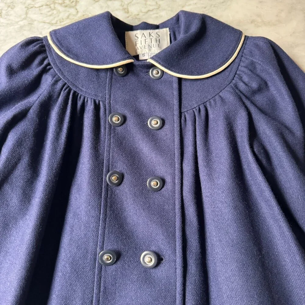 Vintage Saks Fifth Avenue Girls Wool Coat Navy Blue 80s 90s USA Peter Pan Collar